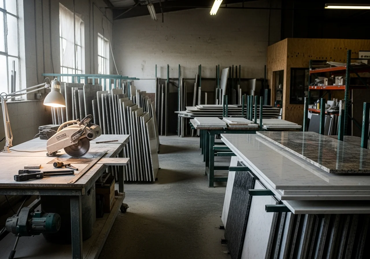 Stone fabrication workshop with slabs of marble, granite, and quartz arranged for display and custom cutting.