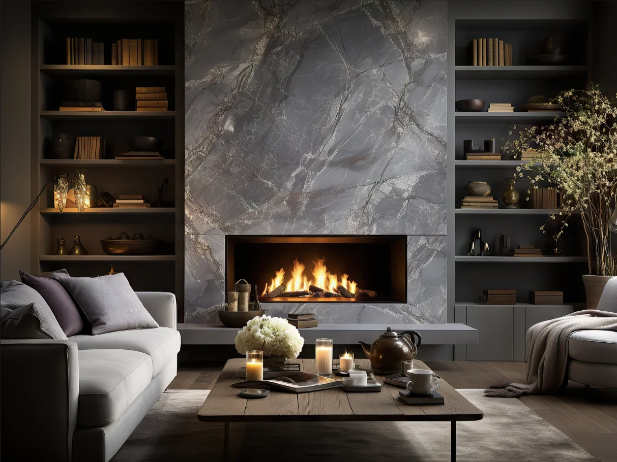 Gray marble fireplace surround with linear gas fireplace and built-in shelving