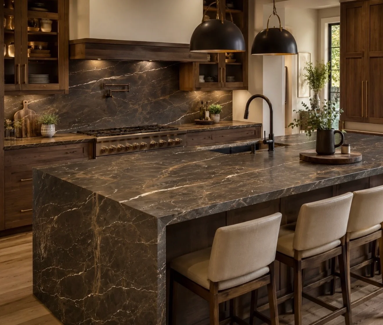 Dark marble kitchen island with waterfall edge and seating, matching backsplash and countertops