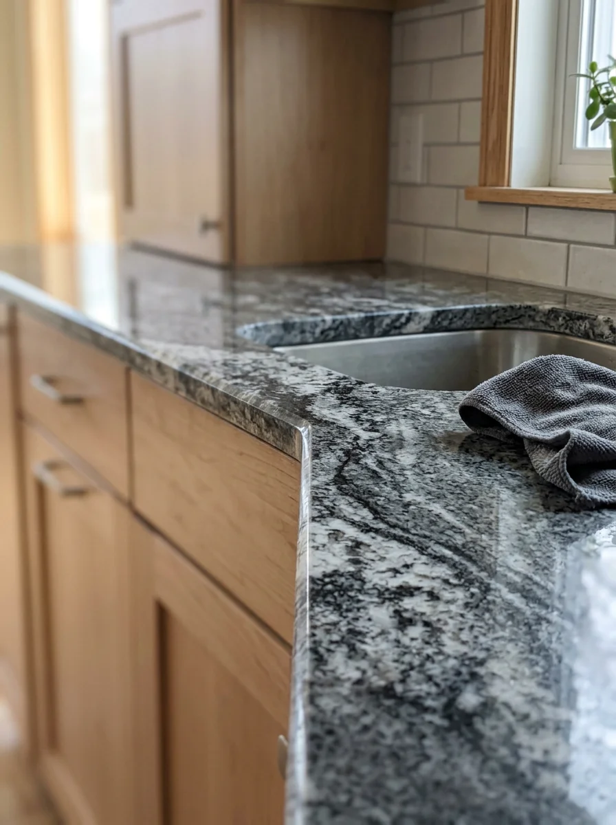 Close-up of sealed granite countertop edge and backsplash in Alden kitchen, showing freeze-resistant installation