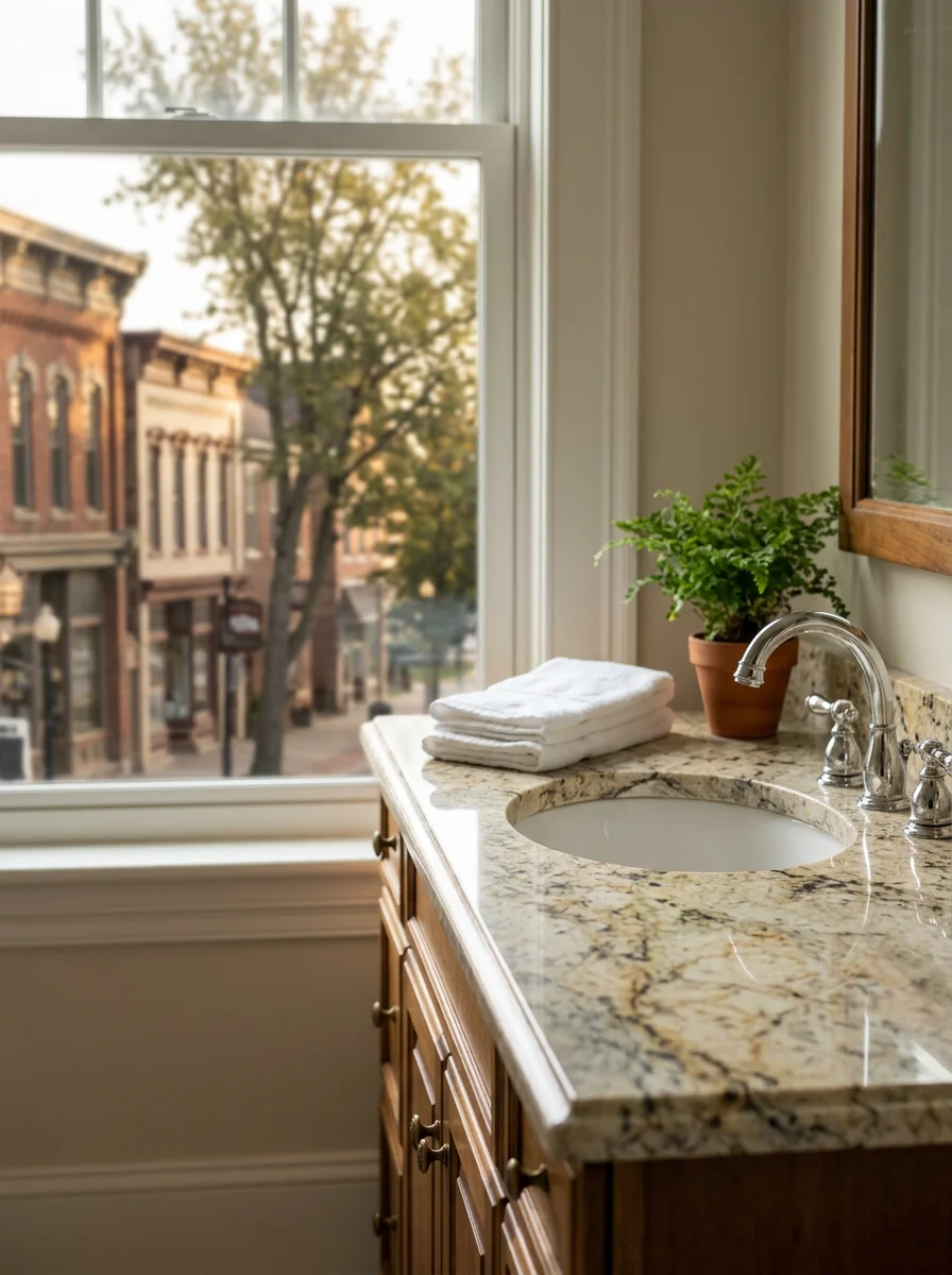 Bathroom vanity with polished granite countertop and traditional fixtures in a Colonial Revival-style East Aurora residence