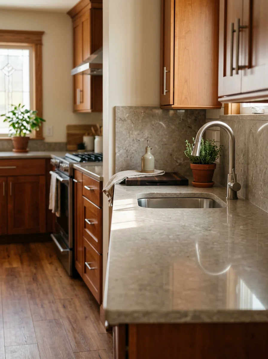 Modern kitchen with custom stone countertops and stainless steel appliances in a Lancaster home