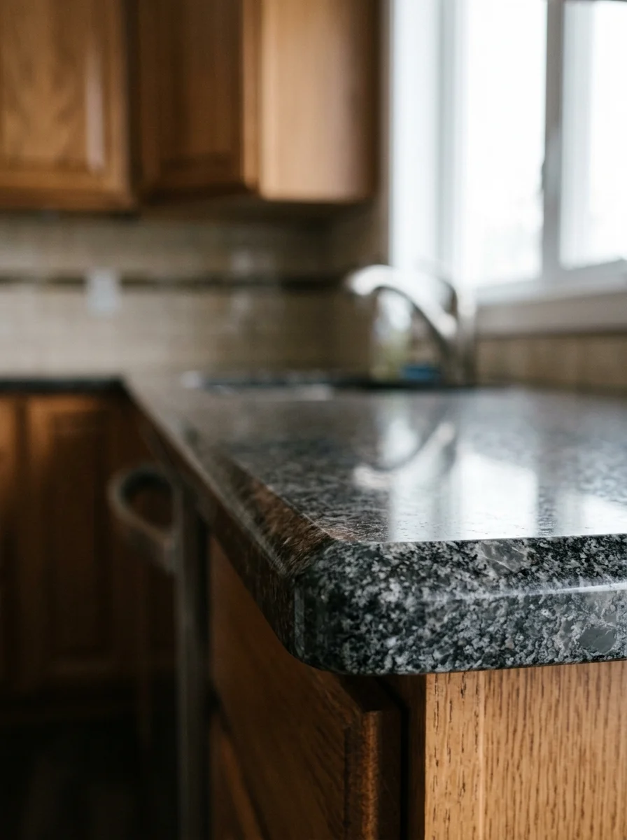 Close-up of sealed stone countertop edge, showing durability and finish quality for freeze-thaw resistant kitchen installation