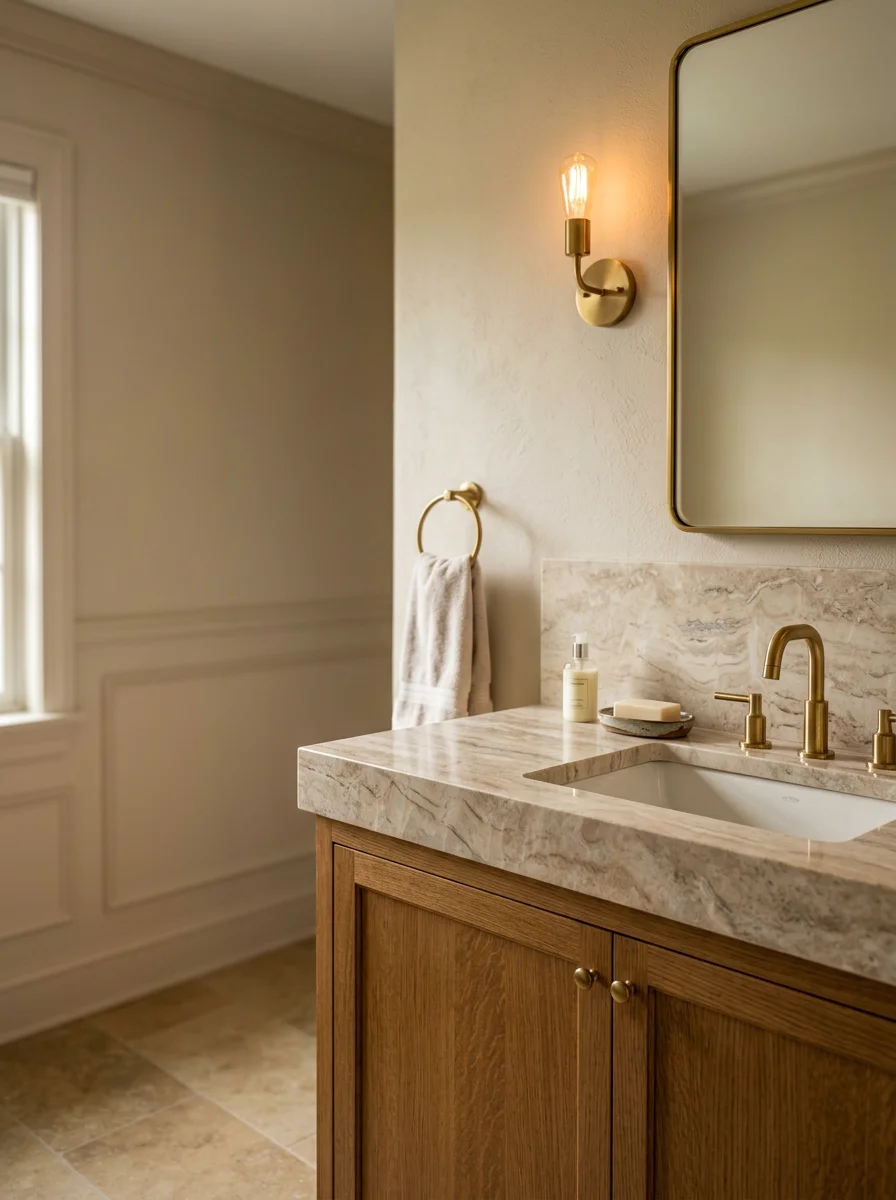 Bathroom vanity with custom stone countertop and backsplash in a Victor residence