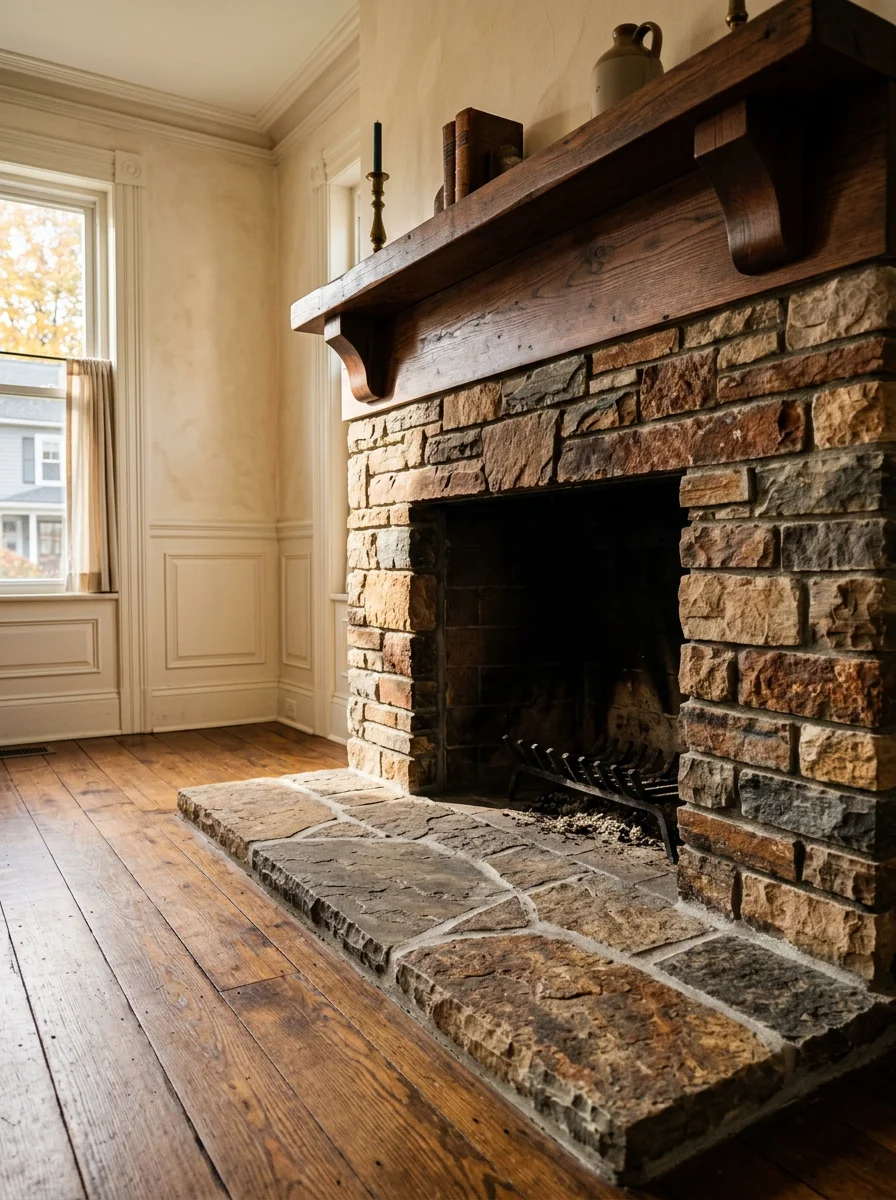 Stone fireplace surround and hearth in a historic Youngstown home