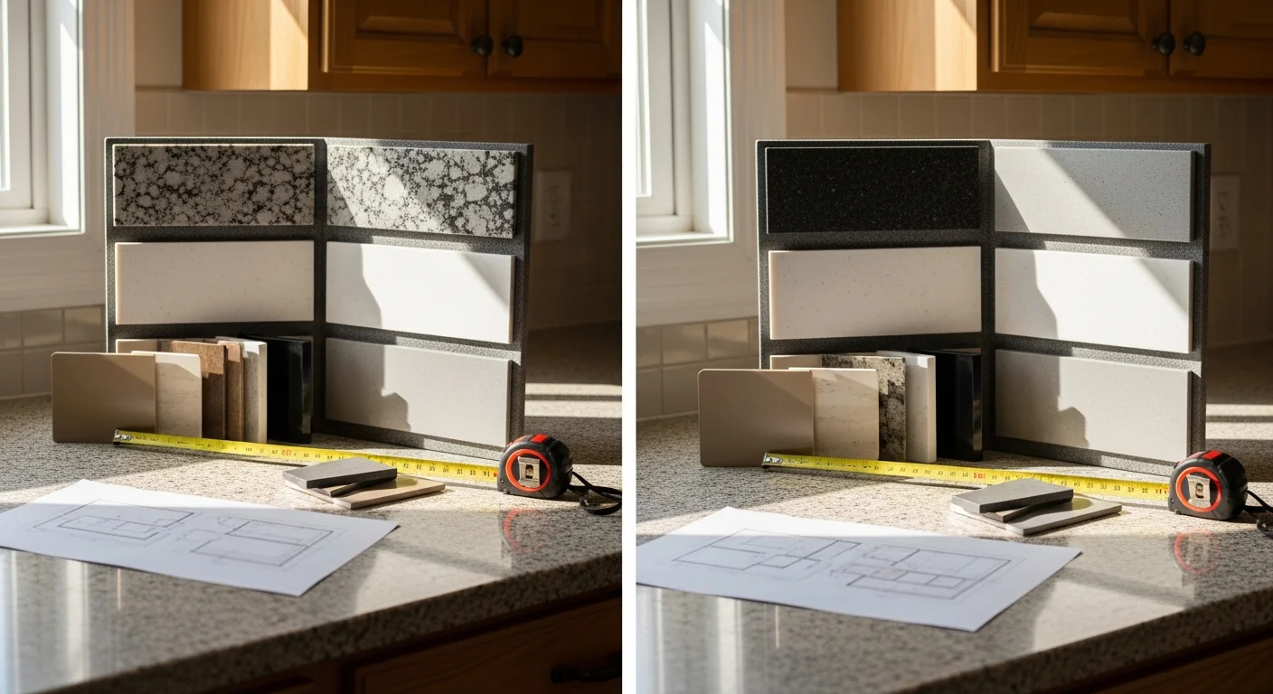 A Calato Stone design consultant reviewing stone slab samples with an Orchard Park homeowner at a kitchen countertop planning session. Cabinet layout drawings and edge profile samples are spread across the work surface.