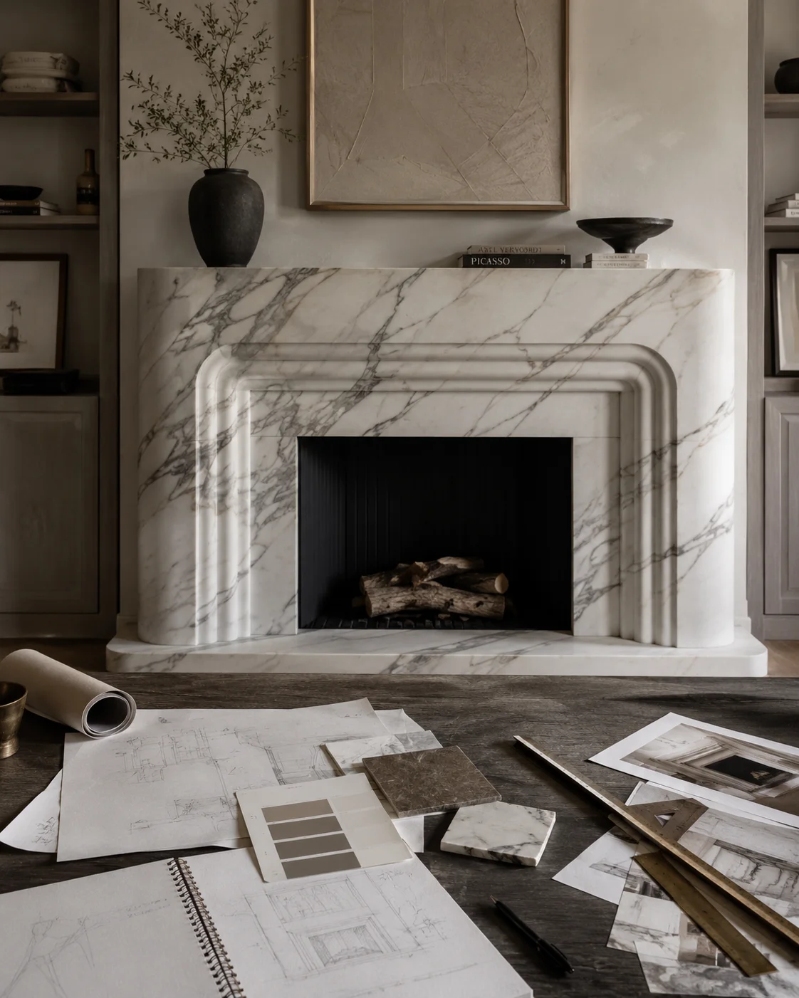 A custom stone fireplace designed by Calato Stone installed in an Orchard Park living room, featuring a floor-to-ceiling natural stone surround and a wide hearth. The fireplace serves as the room's main focal point against a neutral wall with wood trim details.