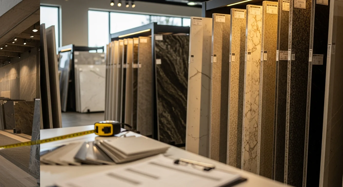 A large natural stone slab displayed in a showroom setting, with visible veining and surface texture, representing custom stone material sourcing available to Orchard Park homeowners. A person reviews the slab up close before selection for a kitchen countertop project.