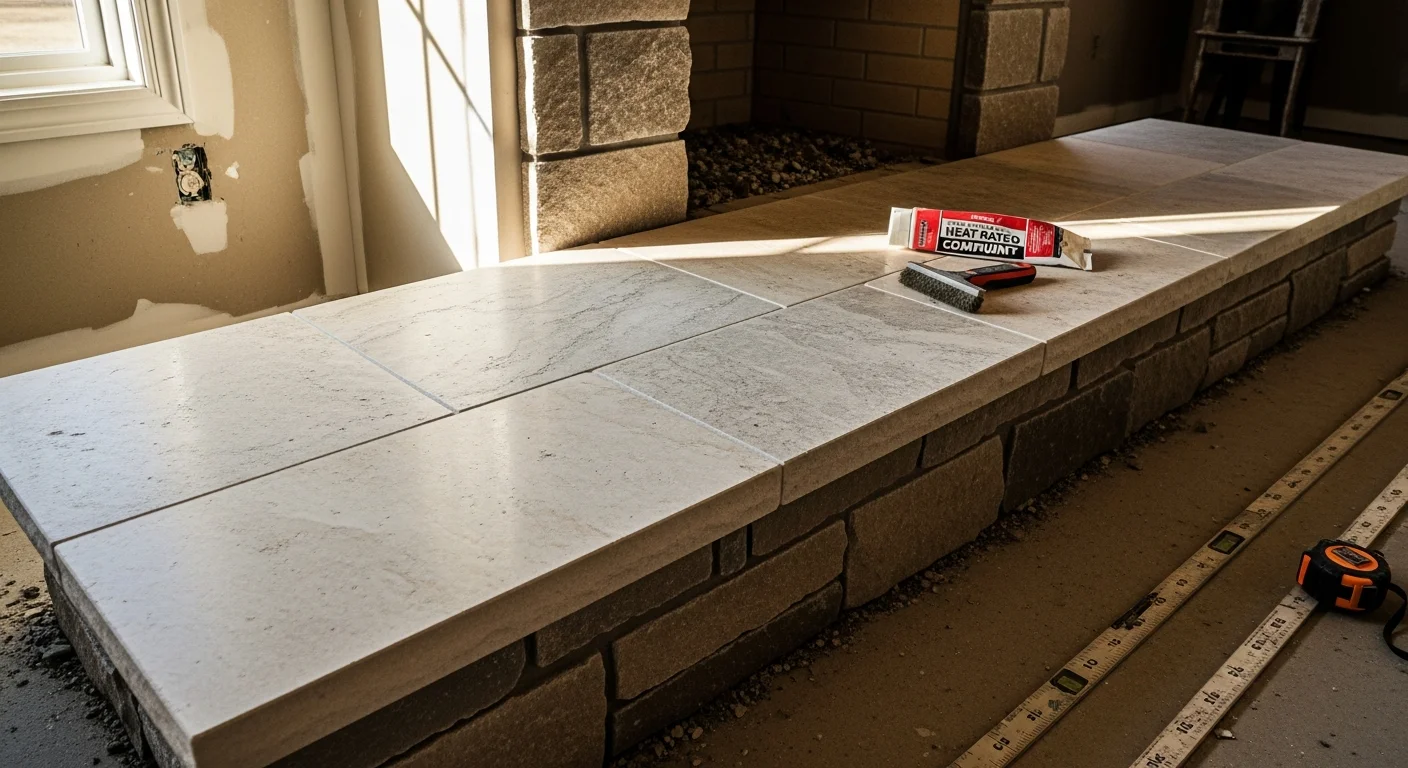 A finished stone fireplace hearth installed flush with the living room floor in an Orchard Park home, with natural stone extending outward from the firebox opening. The hearth surface shows clean grout lines and sits level against the surrounding hardwood flooring.