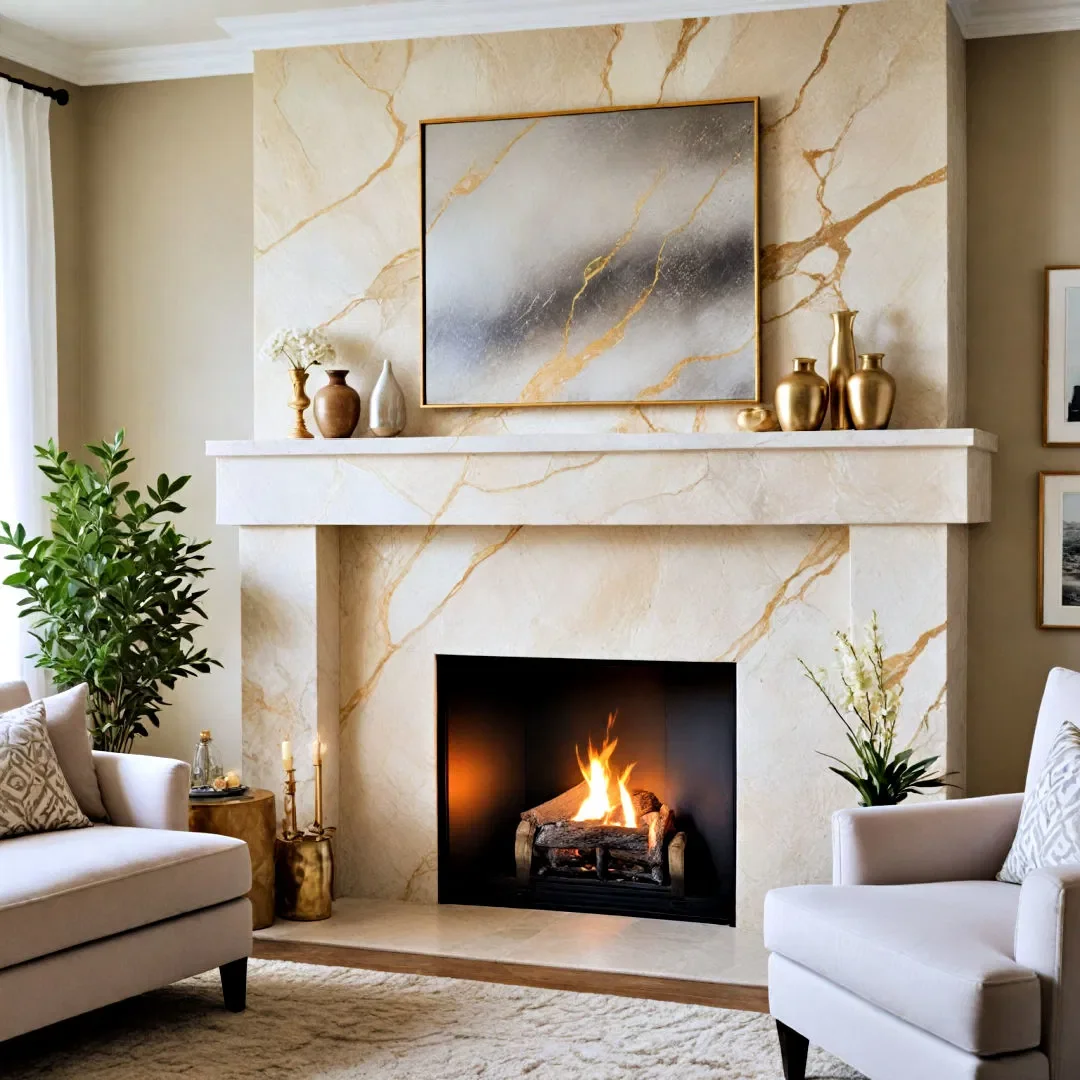 A completed stone fireplace surround installed in an Orchard Park living room, with level legs and header framing a masonry firebox. The natural stone profile serves as the room's focal point against a neutral interior wall.