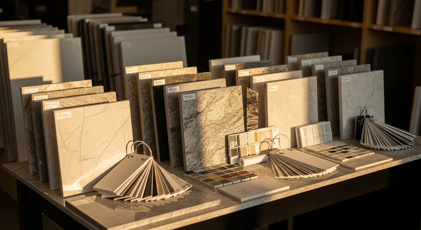 A Calato Stone consultant and an Orchard Park homeowner reviewing full-size stone slabs side by side in a showroom setting. Cabinet door samples and paint swatches are laid against the slabs to compare tone and veining.